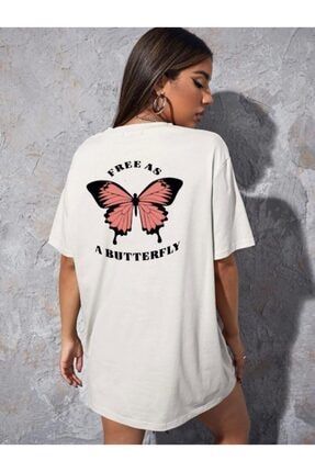 Oversize Beyaz Free As Butterfly Tişört Freeasbutterfly