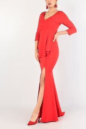 Esnek Krep Kumaş V Yaka Belinde Volan Detay Kırmızı Uzun Abiye Elbise Yırtmaçlı Elbise 58570 634 DNM-634