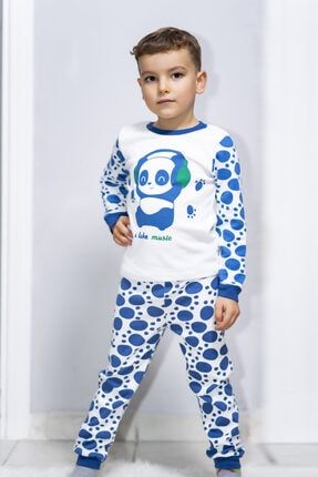 Çoocuk Pijama Takımı Beyaz Mavi Uzun Kollu 2 Li Takım Mevsimlik 020