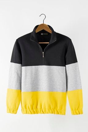 Unisex Sarı-siyah Üç Bloklu Yarım Fermuarlı Rahat Kalıp Trend Model Sweatshirt VAVN21K-5200456