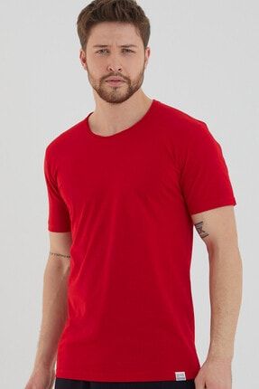 Kırmızı Basic Erkek Bisiklet Yaka Slim Fit Kısa Kollu T-shirt PR1041