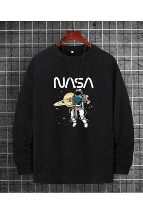 Unisex Siyah Sweatshirt Uzay Baskılı NASA UZAY BASKI