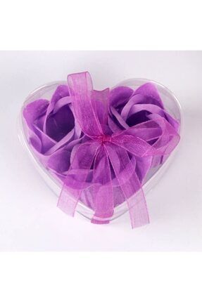 Hediyelik Kalp Kutulu Gül Şeklinde Mini Parfümlü 3'lü Çiçek Sabun 8x7 Cm. Mor E0067