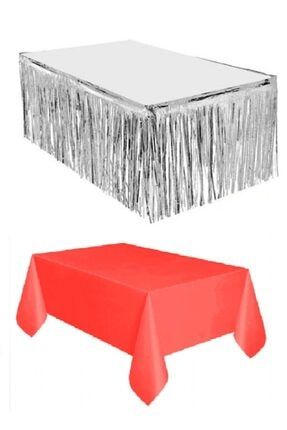 Gümüş Metalize Masa Etegi Plastik Kırmızı Masa Örtüsü TPKT000002426
