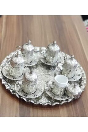 6 Kişilik Gümüş - Bakır Osmanlı Desenli Türk Kahvesi Fincan Takımı - Tepsi Lokumluk Nehar kahve fincani