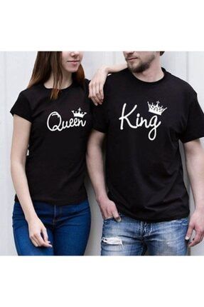 Çiftlere Özel Büyük King Queen Baskılı Sevgili Tişörtleri Sevgili Kombini Pamuklu Siyah HMLOVE2201950