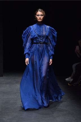 Kadın Saks Mavi Şifon Elbise SHELVED-01
