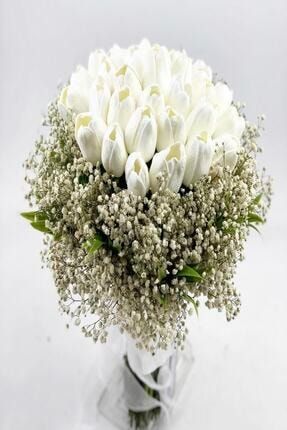 Gelin Buketi Islak Lale Beyaz Cipsolu Damat Yaka Çiçeği 41 Adet Lale YeniHediyelikDünyamKinaİçinX2944