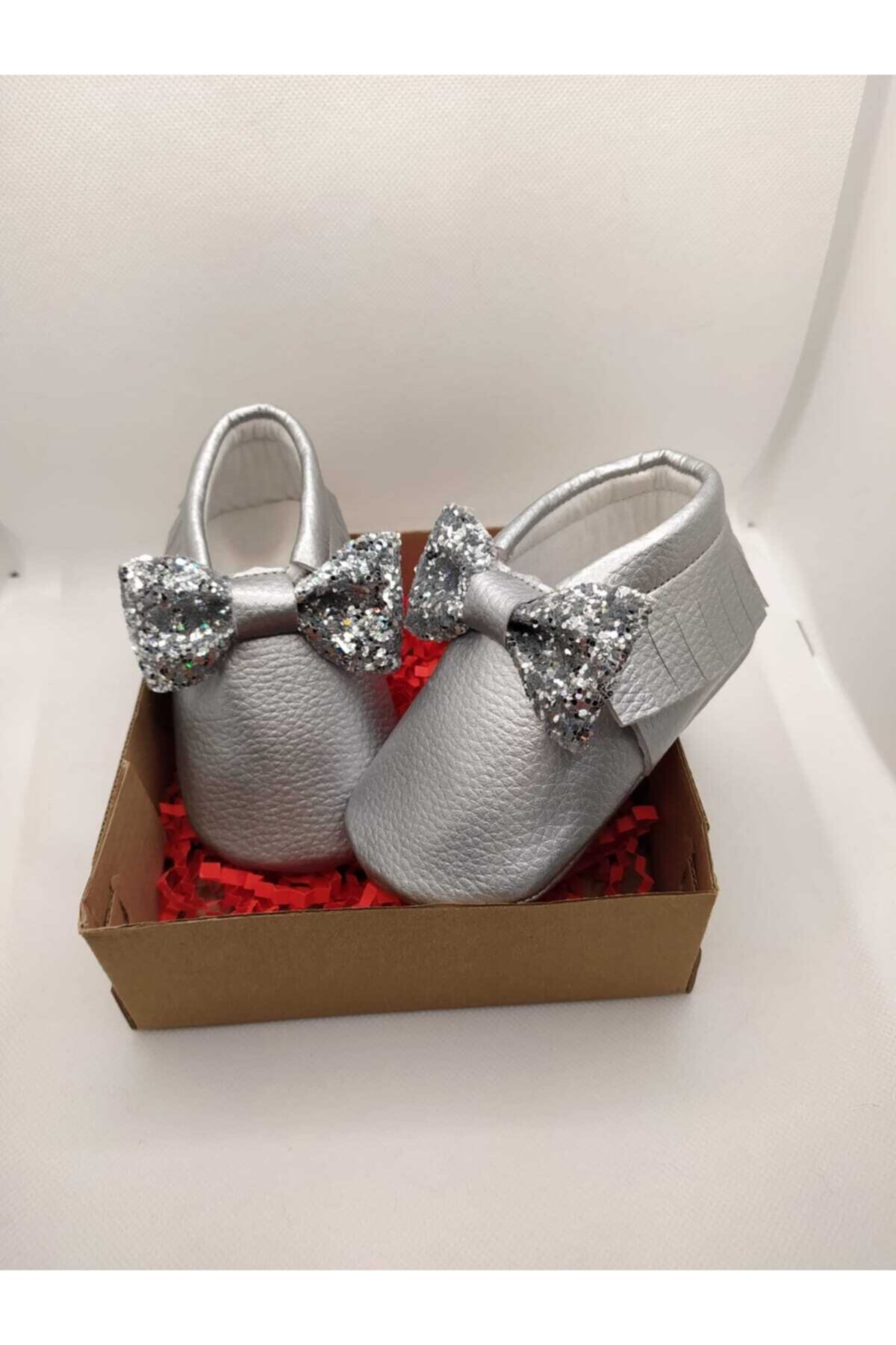 MİNİBİRİ Payet Fiyonklu Gümüş Rengi Kız Bebek Makosen Patik Bebek Ayakkabı