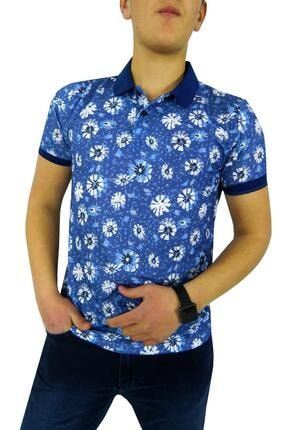 Erkek Mavi Çiçek Desenli Polo Yaka T-shirt BGL-ST01041