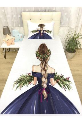 Lacivert Çiçekli Kız Desenli Yatak Örtüsü Ve Yastık evortu1313