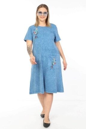 Büyük Beden Italyan Yıkamalı Mavi Nakış Detay Elbise M-5390