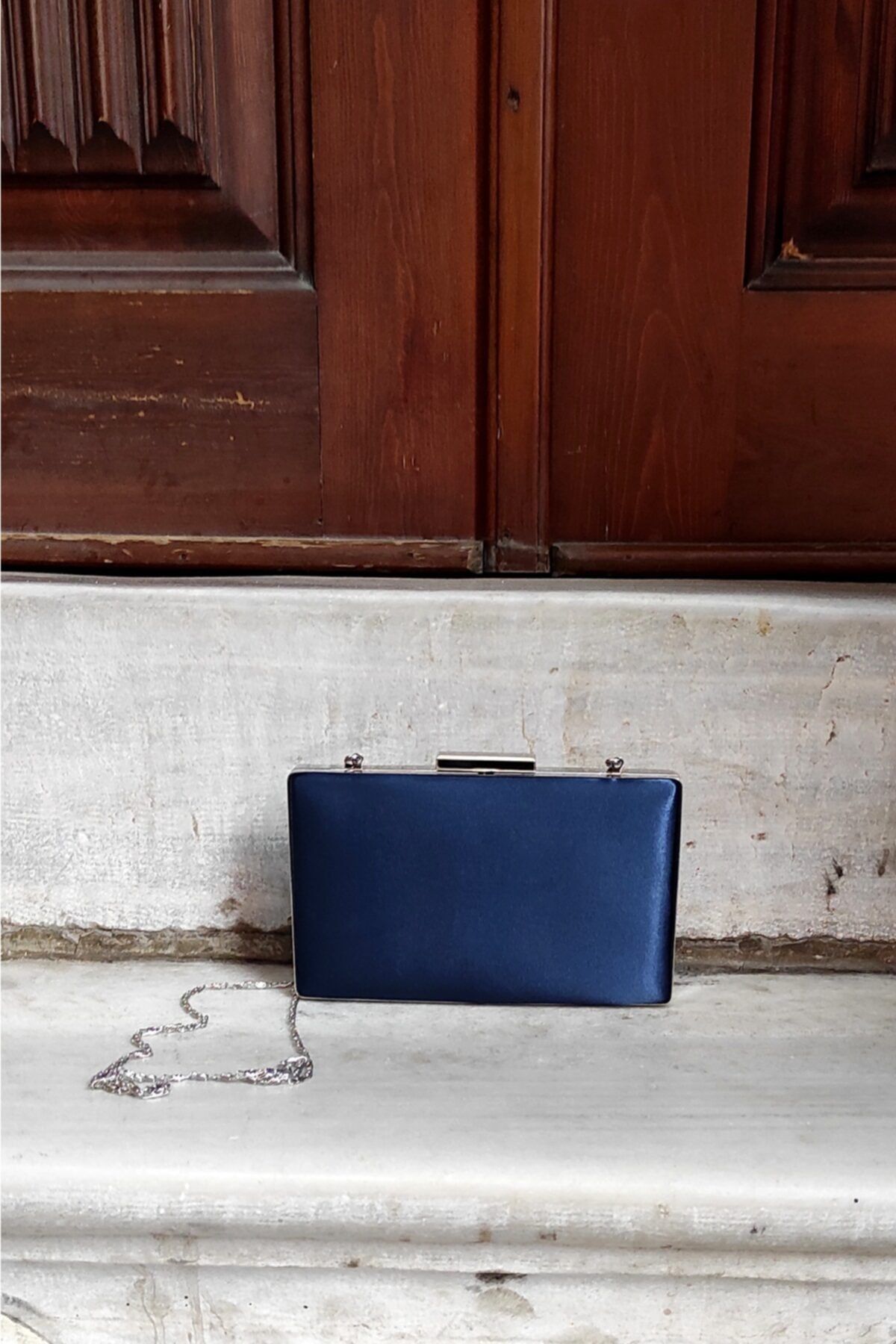 LA CALZATURE Navy Blue Satin Evening Dress Slim Model Women s Bag