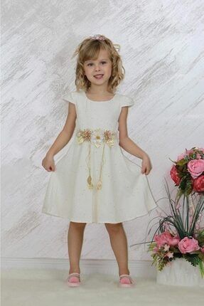 Kız Çocuk Çiçek Detaylı Gold Pullu Ekru Abiye Elbise GOLDPULLU001