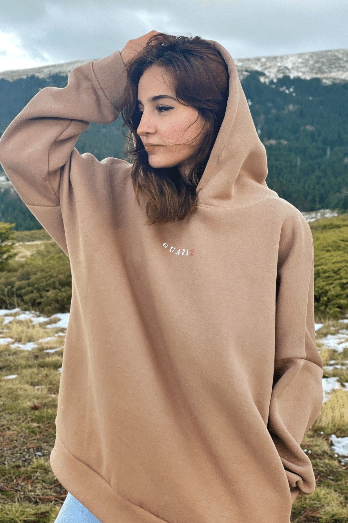 GUARAZ Süt Kahvesi Oversize Gizli Cepli Kapüşonlu Sweatshirt BC9502