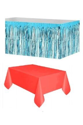Mavi Metalize Masa Eteği ve Plastik Kırmızı Masa Örtüsü TPKT000002432