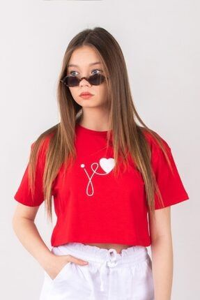 Kırmızı Kalp Baskılı Kız Çocuk Crop T-shirt HA3503