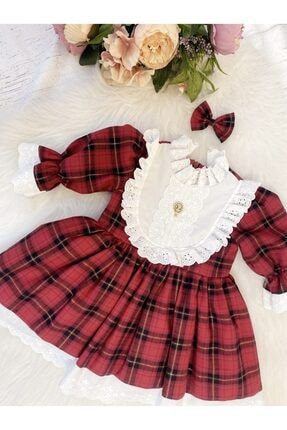 Kırmızı Kışlık Kareli Kız Çocuk Doğum Günü Elbisesi 345980
