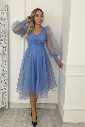 G0022 Tül Tasarım Elbise Mavi 21KKDEL040002