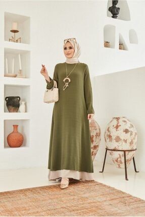 Kadın Iki Renkli Tek Parça Elbise Haki Model-421