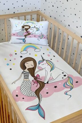 Deniz Kızı Ve Unicorn Gökkuşağı Desenli Bebek Yatak Örtüsü Ve Yastık bes39