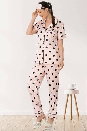 Kadın Pudra Saten Puantiyeli Önden Düğmeli Kısa Kollu Pijama Takımı 5479