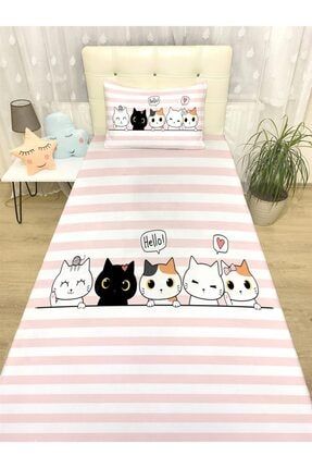 Pembe Kedi Kardeşler Desenli Yatak Örtüsü Ve Yastık evortu1111