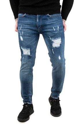 Erkek Mavi Taşlamalı Yırtıklı Lazer Kesim Slim Fit Erkek Kot Pantolon 2200101 DGAK2200101