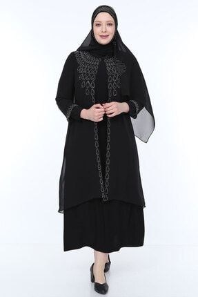 Taş Ve Boncuk Işlemeli Şifon Abiye Elbise Siyah Taş Işlemeli Siyah Şal Hediyedir 11119-SYHT-P