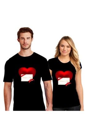 Sevgililer Gününe Özel Sevgili Kombini Kalp Baskılı Sevgili Tişörtleri Pamuklu Siyah 2 Adet HMSEV11234005
