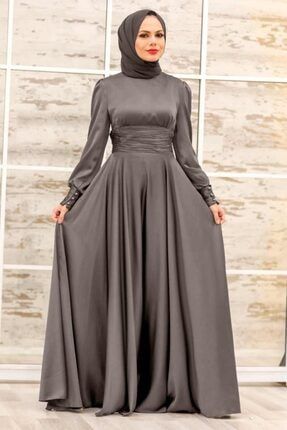 Tesettür Abiye Elbise - Drape Detaylı Kahverengi Tesettür Abiye Elbise 2511kh OZD-2511