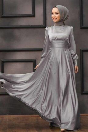 Tesettür Abiye Elbise - Drape Detaylı Gri Tesettür Abiye Elbise 2511gr OZD-2511