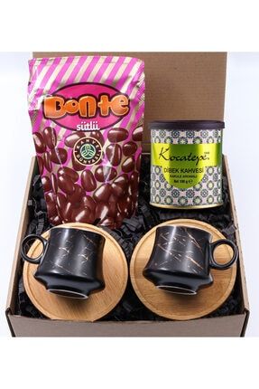 2'li Siyah Mermer Desenli Bambu Fincan & Taze Dibek Kahvesi & Bonte Çikolata Hediye Seti 66947