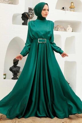 Tesettürlü Abiye Elbise - Tokalı Kemerli Saten Yeşil Tesettür Abiye Elbise 3378y OZD-3378