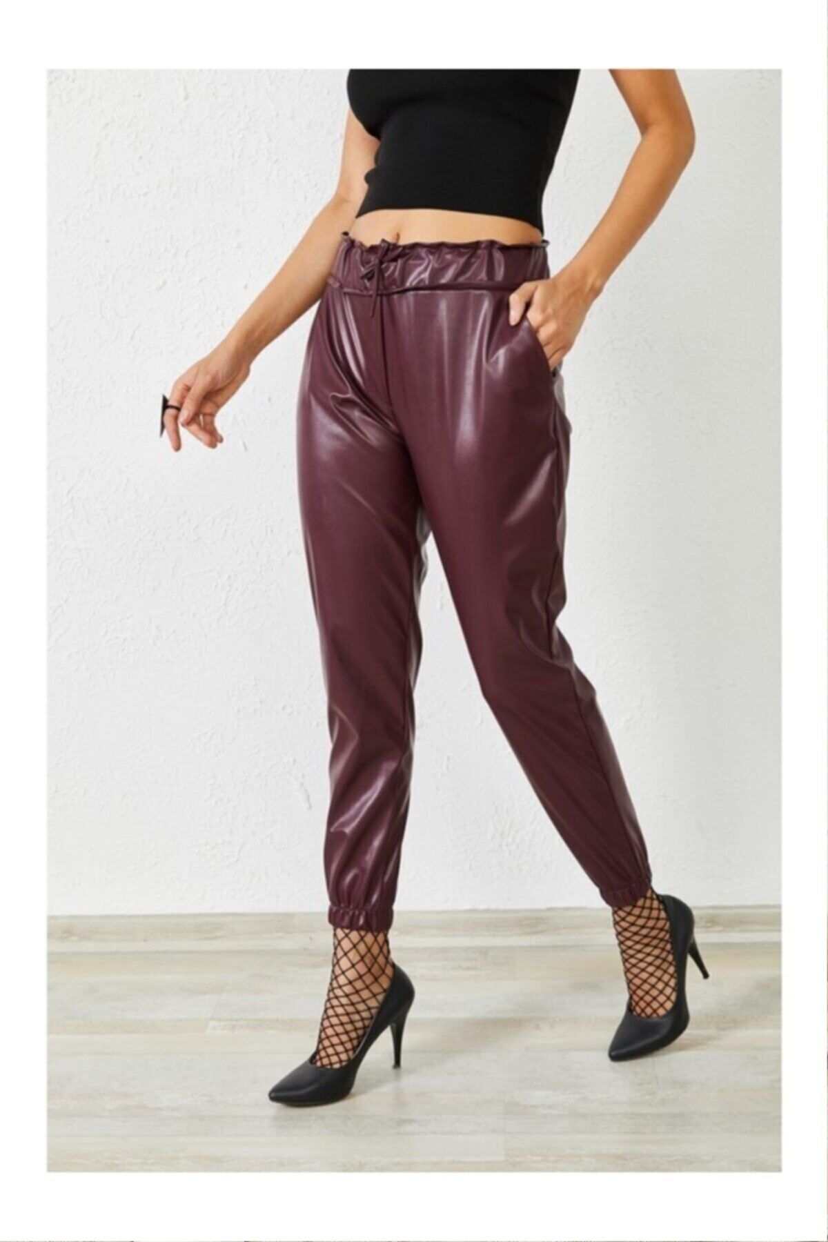 Swana Women s Burgundy Leather Jogger Pants with Raised Trendyol