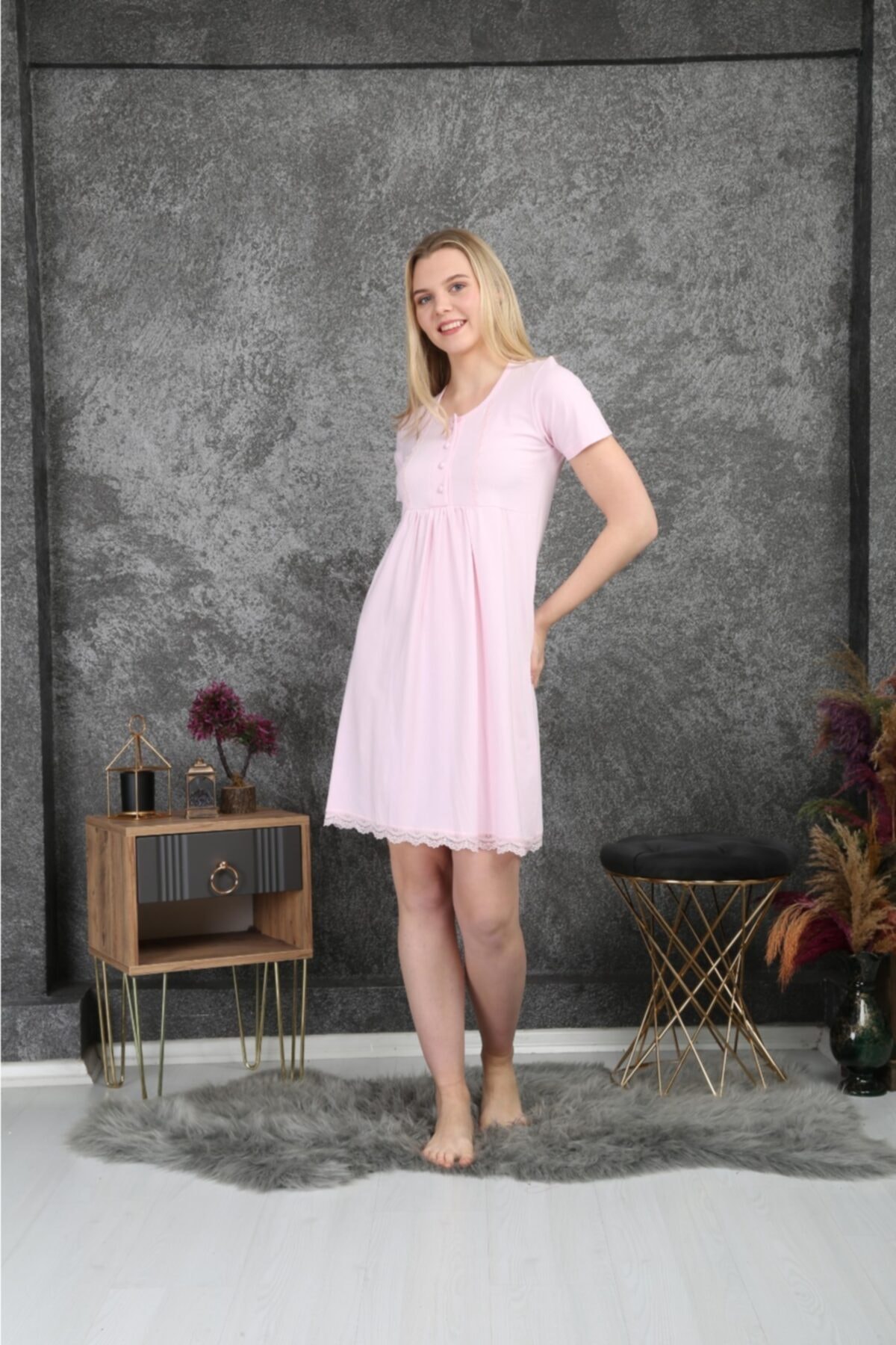 Semm Mix Gecelik Pamuklu Dantel Detaylı Pembe