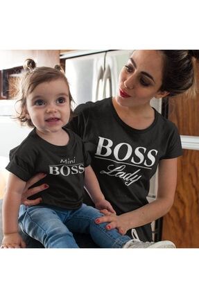 Anne Oğul Tişört Kombini The Boss The Mini Boss Tasarım Baskılı Pamuklu Siyah T-shirt Kombini HMAO100112113