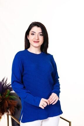Saks Mavisi Yaka Detaylı Fitilli Anne Triko Bluz Büyük Beden Triko Kazak tüt-2510-300