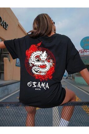 Foxskinsportswearcompany Kadın Oversize T-shirt Osaka Dıragon Sırt Baskı Siyah FoxskinSportswearCompanydıragon