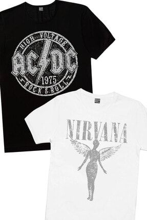 Kadın Siyah Dairede Acdc, Beyaz Melek Nirvana 2'li Eko Paket T-shirt 1M1BW387AX