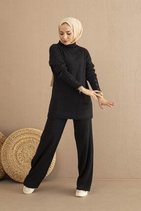 Kadın Siyah Kolu Düğme Detaylı Tunik ve Pantolon Fitilli Triko Takım 3398