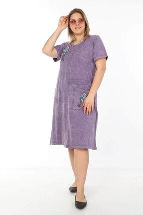 Büyük Beden Italyan Yıkamalı Lila Nakış Detay Elbise M-5390