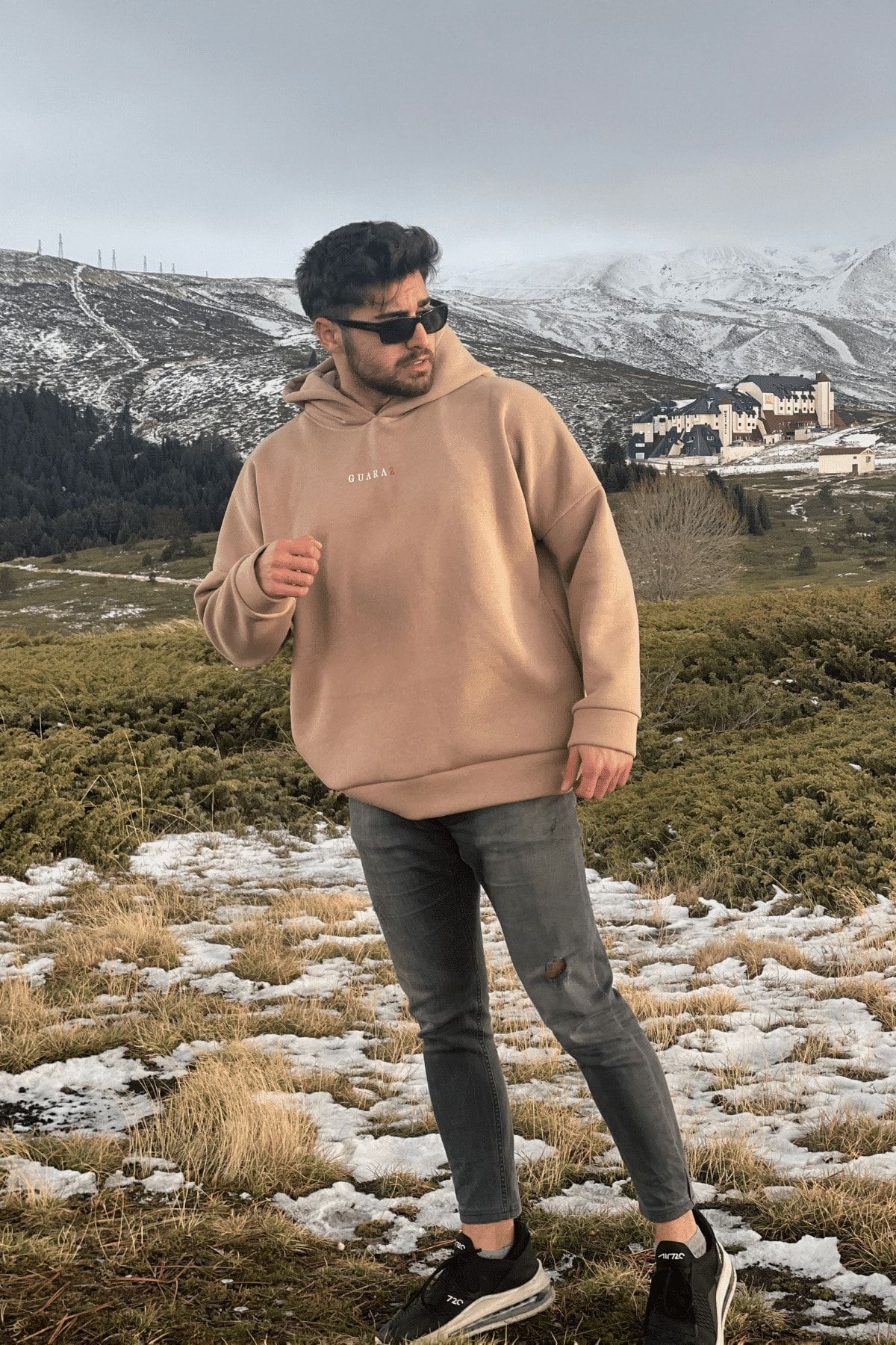 GUARAZ Süt Kahvesi Oversize Gizli Cepli Kapüşonlu Sweatshirt BC9502
