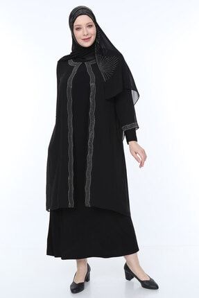 Taş Işlemeli Şifon Abiye Elbise Siyah Taş Işlemeli Siyah Şal Hediyedir 11118-SYHT-P