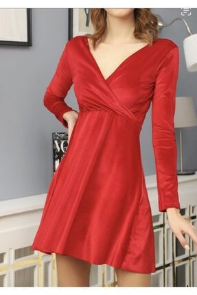 Uzun Kollu Kırmızı Kadife Elbise 5800001