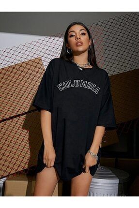 Foxskinsportswearcompany Kadın Siyah Oversize Columbıa T-shirt FoxskinSportswearCompanycolumbia