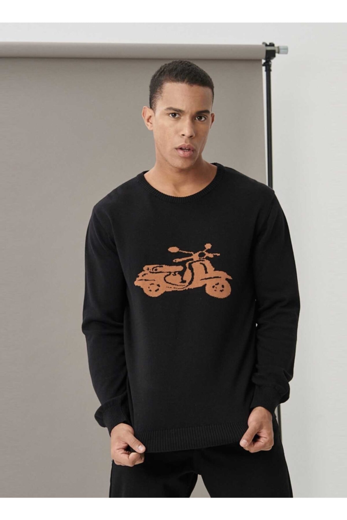 آلتین ییدلیز کلاسیکس ژاکت مردانه طرح‌دار مشکی ملانژ یقه گرد طرح‌دار استاندارد Altınyıldız Classics 4a4921100093