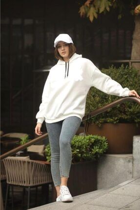 Kadın Kapüşonlu Şardonlu Beyaz Sweatshirt 900-01