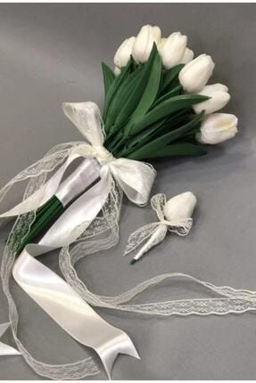 Gelin Buketi Beyaz Islak Lale Gelin Çiçeği 24 Lale Ve Damat Yaka Çiçeği YeniHediyelikDünyamKinaİçinX80