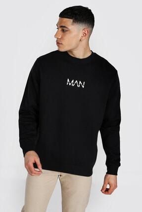 Erkek Siyah Man Baskili Oversize Sweatshirt TWMANSWT